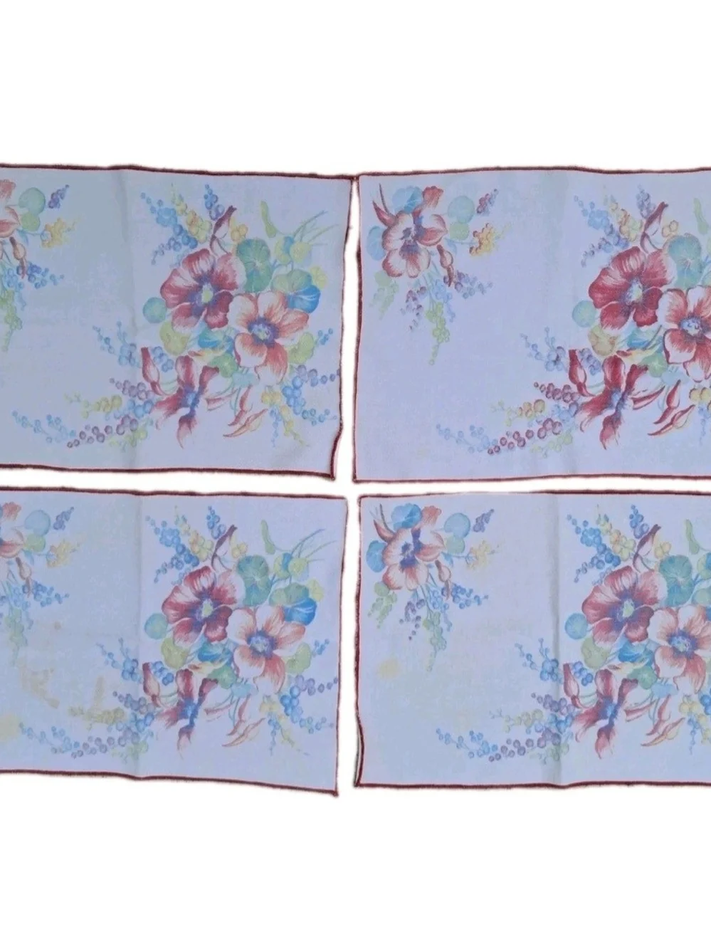 Vtg Floral Placemats Set 4 White Red Serged Edge Cotton Twill Midcentury *stain*